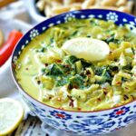 Bok Choy Curry in a blue decorated bowl.