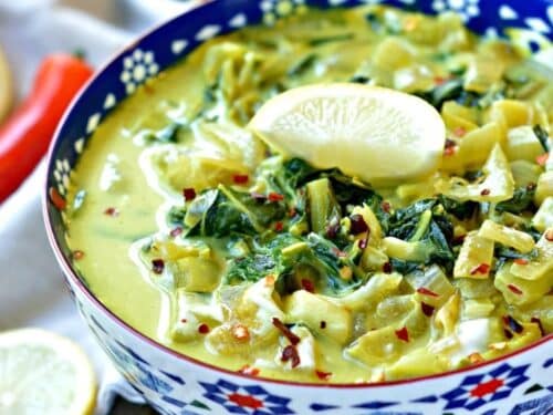 Bok Choy Curry in a blue decorated bowl.