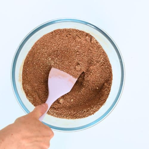 Dry Keto Chocolate Pound Cake ingredients mixed in a bowl.