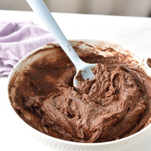 Protein Brownie batter combined in a mixing bowl with a silicone spatula.