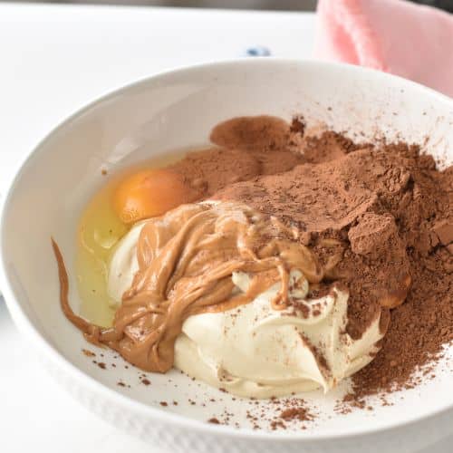 Ingredients for Yogurt Mousse Brownies in a mixing bowl.