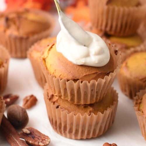 Adding frosting to Protein Pumpkin Muffins