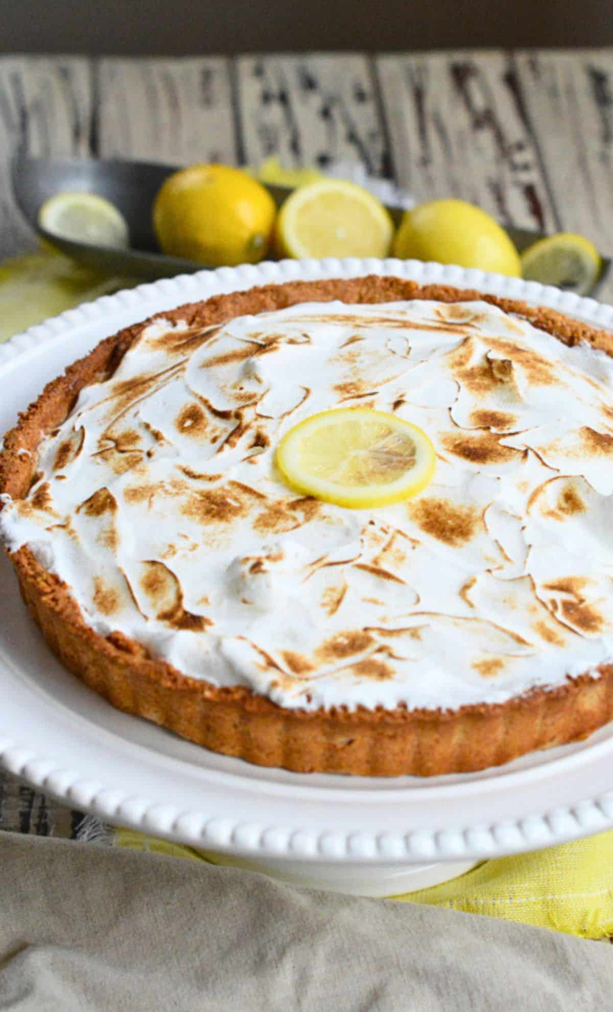 Sugar-Free Lemon Pie on a cake stand.